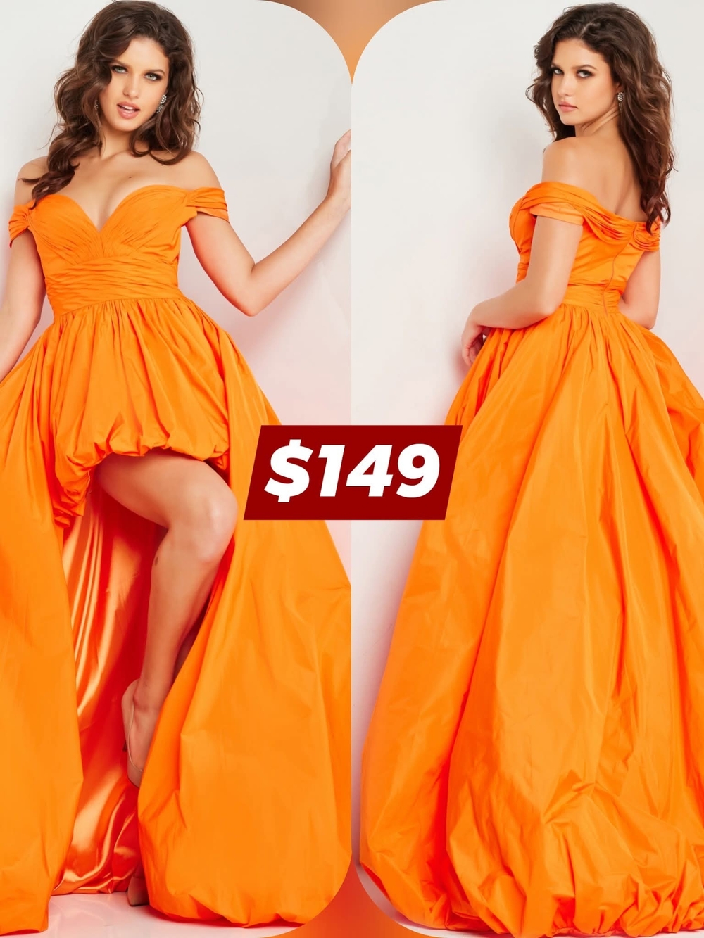 Jovani Orange Off-Shoulder High-Low Ball Gown